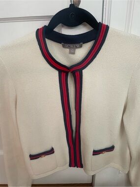 J. Crew Cream Knit Lady Jacket with Navy & Red Trim